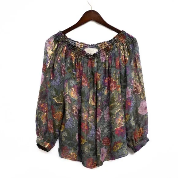 Nicole Miller Artelier M Silk Floral Boho Top Gold Metallic Off-Shoulder Blouse - Picture 2 of 11